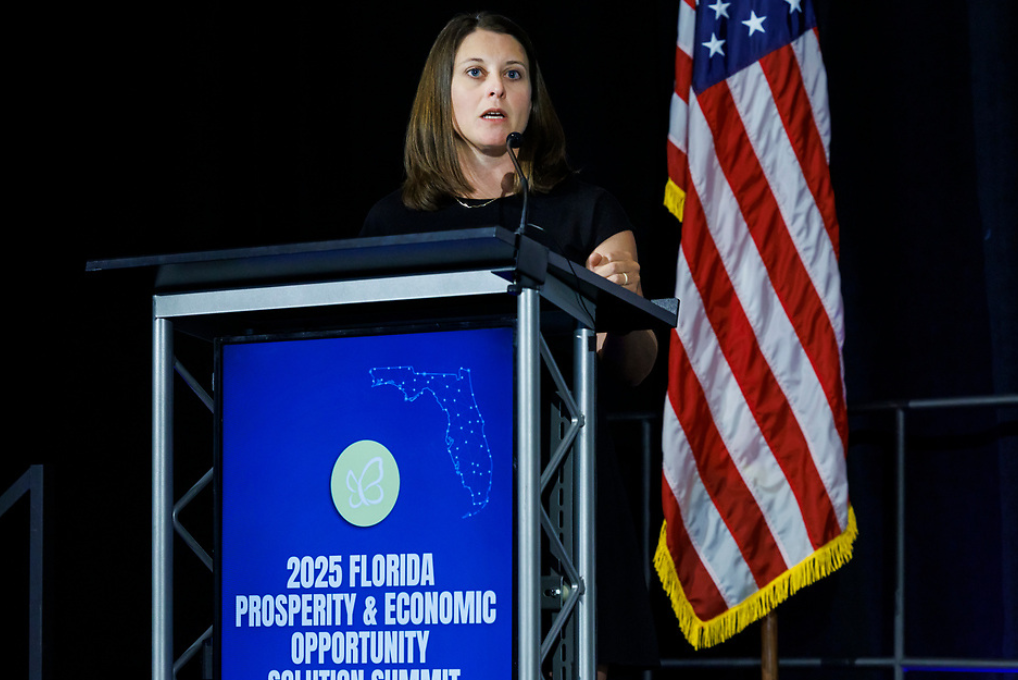 Adrienne Johnston, President & CEO of CareerSource Florida, speaks about shared efforts with the Florida Chamber Foundation to align workforce and education partners to break the cycle of generational poverty through workforce readiness at the 2025 Florida Prosperity & Economic Opportunity Solution Summit.