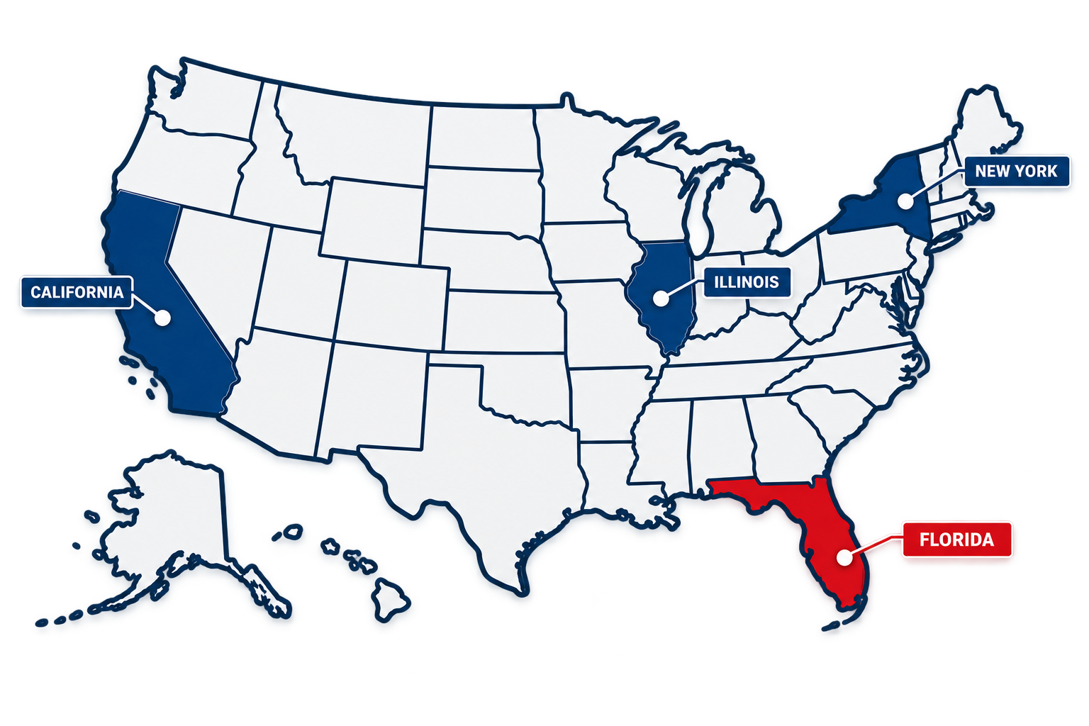 Free Enterprise Florida campaign map highlighting Florida, New York, Illinois and California